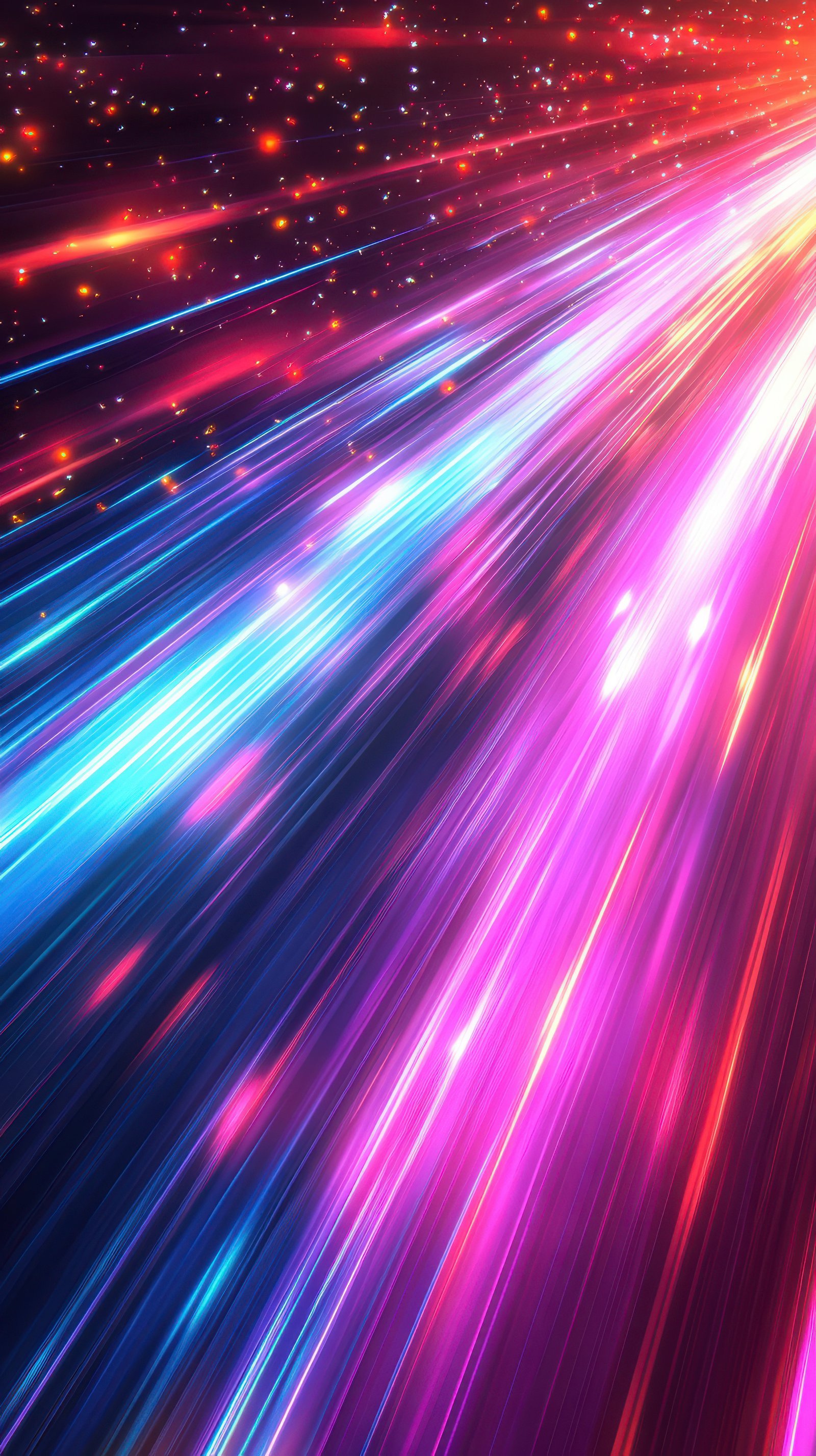 Vibrant light streaks create an energetic atmosphere with colorful bursts and dynamic motion in a digital setting